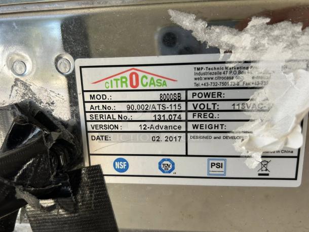 Citrocasa 8000 SB citrus juicer label, model 8000 SB, version 12-Advance, 115V, serial 131.074, dated 02.2017. As Is.