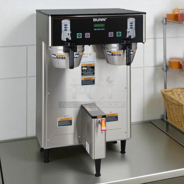 Bunn TF DBC BrewWise ThermoFresh Dual Brewer, stainless steel, tested and working, dual spouts, black and silver finish, 120/240V.