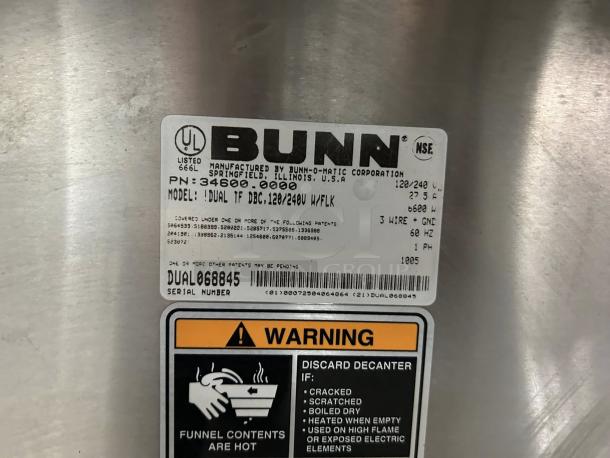 Bunn TF DBC BrewWise ThermoFresh Dual Brewer label, showing model details, electrical specs, and warning. Stainless steel.