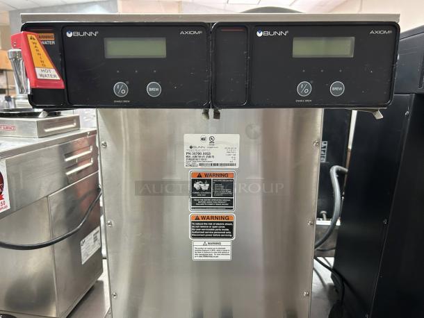 Bunn 38700.0013 Axiom APS Twin Airpot Coffee Brewer, tested, working, stainless finish, digital display, warning labels.