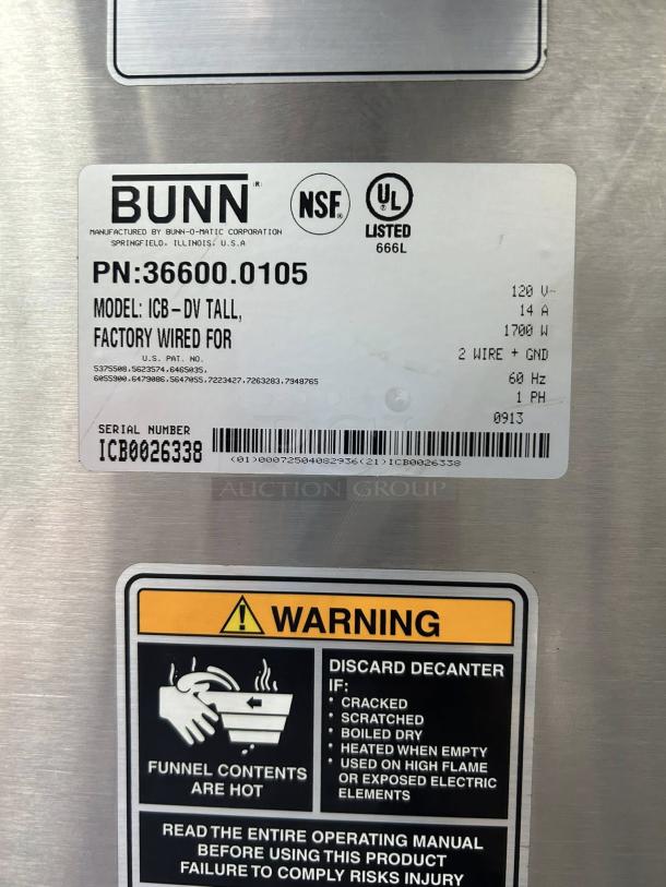 Bunn 38700.0010 AXIOM-DV-APS coffee brewer label; NSF certified, dual voltage, warning for hot contents.