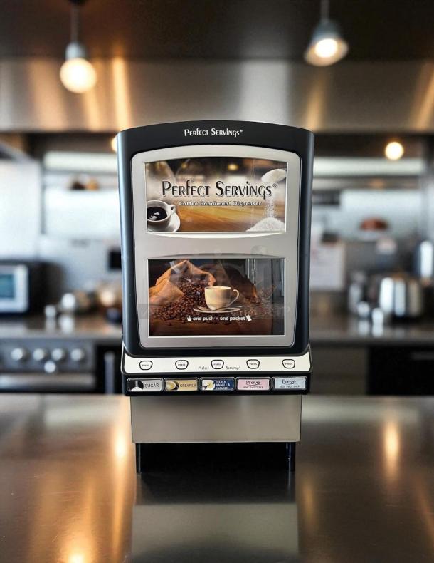 Brand new Perfect Servings powder dispenser, Model UV-PSPD-5-AV-BL-CTL-B, 120V, fully functional, labeled buttons.