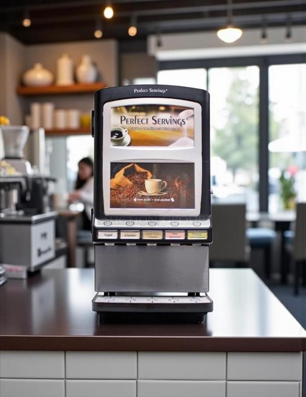 Brand new Perfect Servings powder dispenser, Model UV-PSPD-5-AV-BL-CTL-B, 120V, fully functional, sleek countertop design.