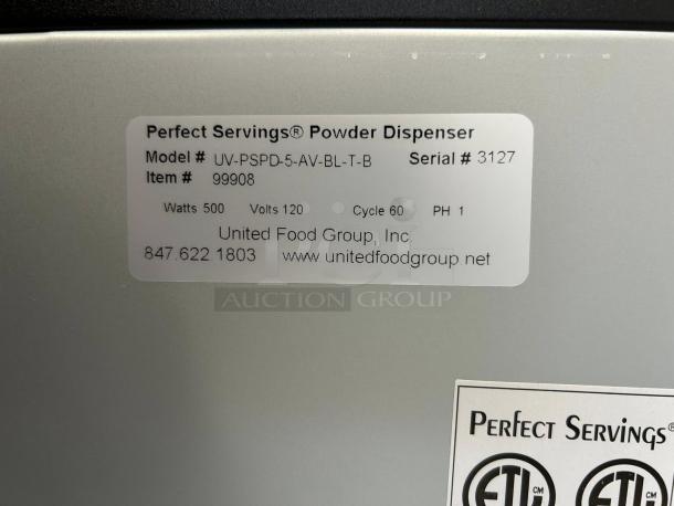 Brand new Perfect Servings® Powder Dispenser, Model UV-PSPD-5-AV-BL-CTL-B, 120V, fully functional, serial #3127.
