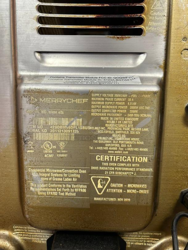 Merrychef eikon e2s High Trend Oven, ventless, 208/240V, fully tested, great condition, certification labels visible.