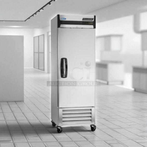 Norlake NLF23-S AdvantEDGE 28" reach-in freezer, 23 Cu. Ft., solid door, tested, working condition, on casters.