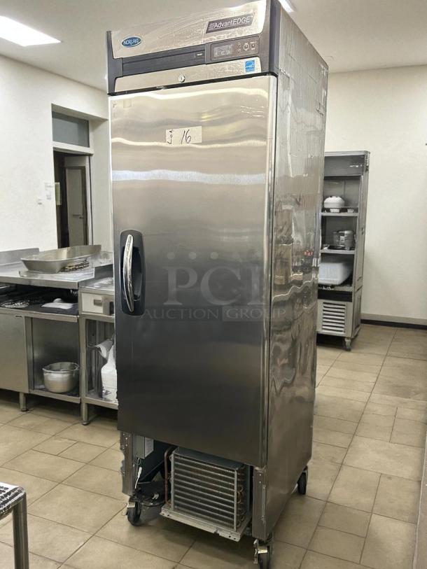 Norlake NLF23-S AdvantEDGE 28" Reach-In Freezer, 23 Cu. Ft., tested and working, stainless steel, solid door, model label visible.