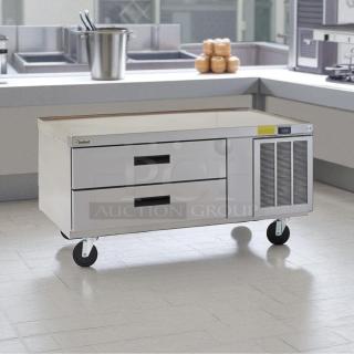 Delfield F2936CP refrigerated chef base with two drawers, excellent condition, fully tested and working, on casters.