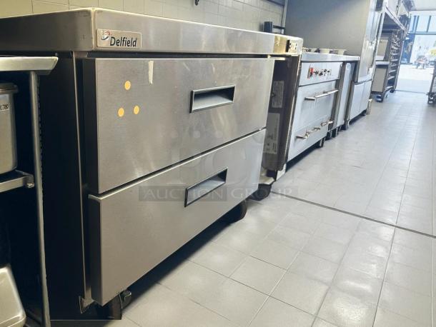 Delfield F2936CP 36" two-drawer refrigerated chef base in excellent condition, tested and working, stainless steel finish.