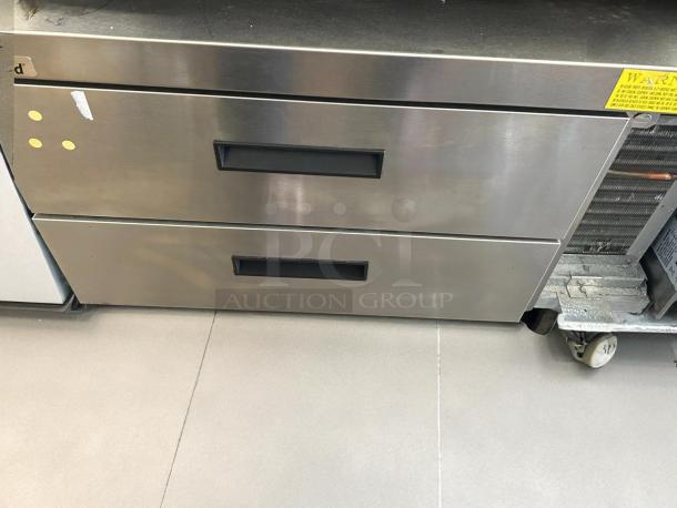 Delfield F2936CP 36" two-drawer refrigerated chef base in excellent condition with visible warning label, tested and working.