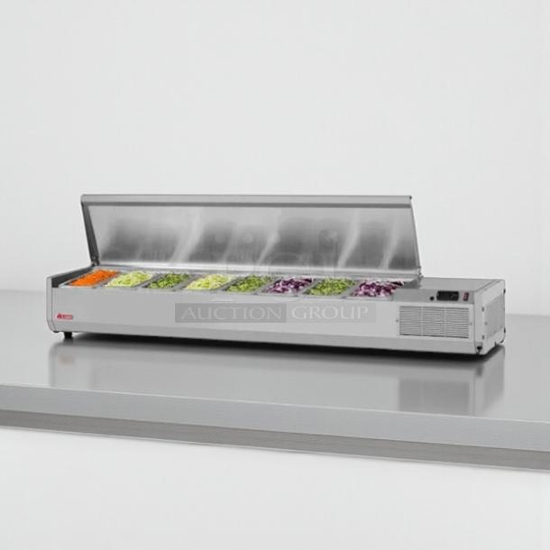 Turbo Air CTST-1800-N refrigerated salad prep table, 72"x14", stainless steel, brand new, with open top displaying trays.