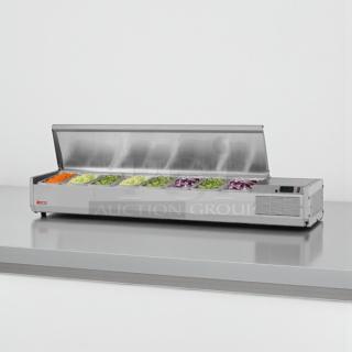 Turbo Air CTST-1800-N refrigerated salad prep table, 72"x14", stainless steel, brand new, with open top displaying trays.