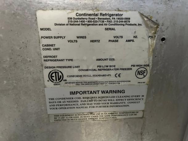 Continental Refrigerator SW60N24M-HGL label, detailing model info, power supply, and maintenance warnings.