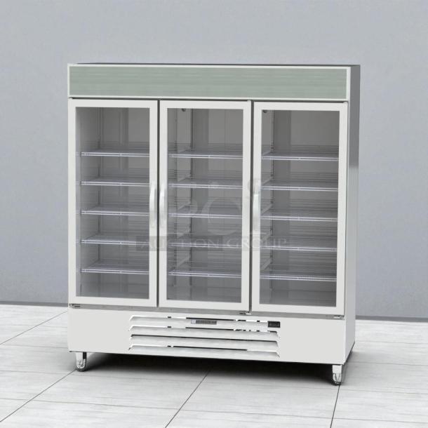 Beverage Air CRG74-1 self-contained 3-door refrigerator. Great condition, tested and working. Clear glass doors, multiple shelves.