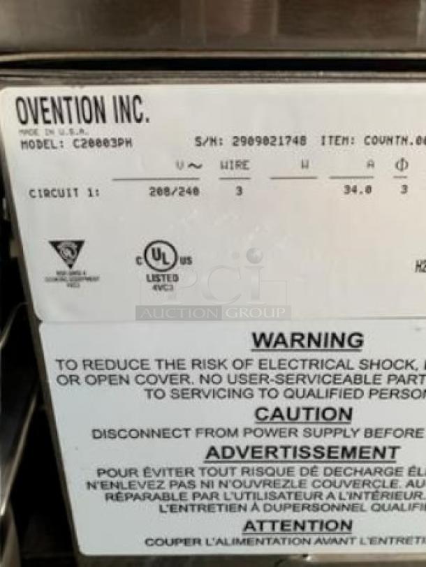 Ovention C2000P-M Precision Conveyor Oven, superb condition, 208/240V, fully tested, UL listed, visible warning labels.