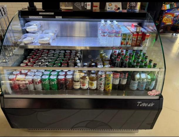 Turbo Air TOM-50LB-N Horizontal Open Air Cooler, 50" wide, dual-level display, immaculate condition, fully tested.