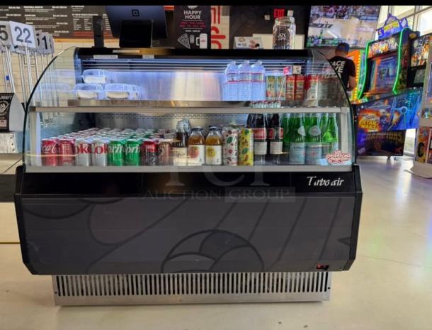 Turbo Air TOM-50LB-N Horizontal Open Air Cooler, 50" wide, dual level display, pristine condition, fully tested, 115V.