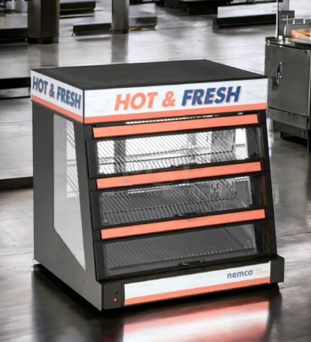 Nemco 3-tier heated display cabinet, pristine condition, featuring "Hot & Fresh" signage, fully tested, model: Hot & Fresh.