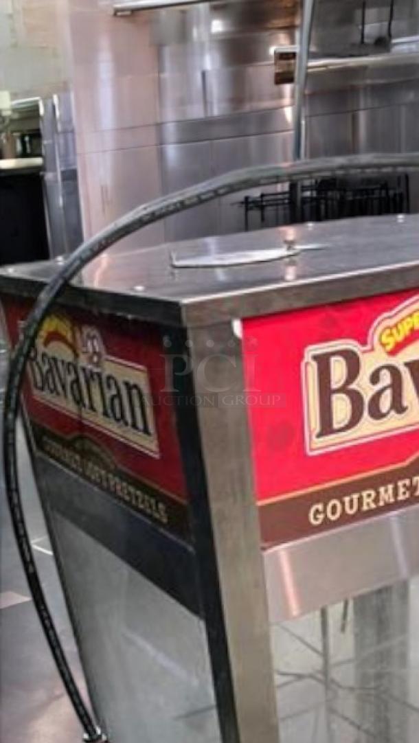 J&J Snack Foods Bavarian JJ850 Pretzel Warmer, stainless steel, pristine condition, branded display, 120V, USA-made.