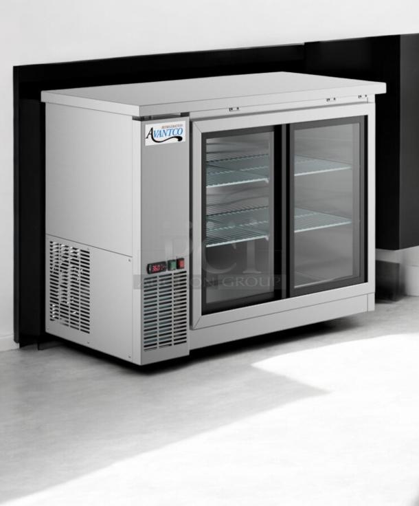Avantco 178BCB48 2-Door Glass Back Bar Refrigerator, superb condition, 115V, fully tested, sleek design, visible Avantco label.