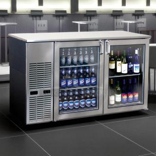 Glastender LP60-L1-XN(LR) 60" back bar cooler with dual glass doors. Excellent condition, fully tested, showing bottled drinks.