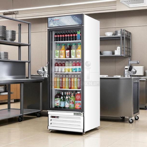 Everest EMGR24 glass door refrigerator, single swing, stocked with beverages, tested and working, in commercial kitchen.