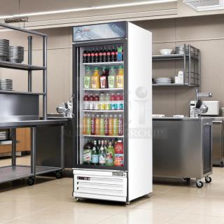 Everest EMGR24 glass door refrigerator, single swing, stocked with beverages, tested and working, in commercial kitchen.