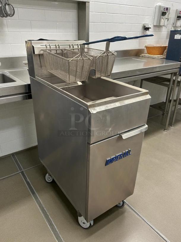 Imperial Range IFS-40NG natural gas fryer, 40 lb capacity, 105,000 BTU, excellent condition, with basket and Imperial logo.