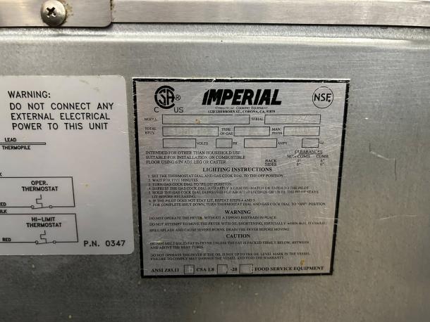 Imperial Range IFS-40NG fryer label with safety warnings and lighting instructions; tested, 105,000 BTU, natural gas use.