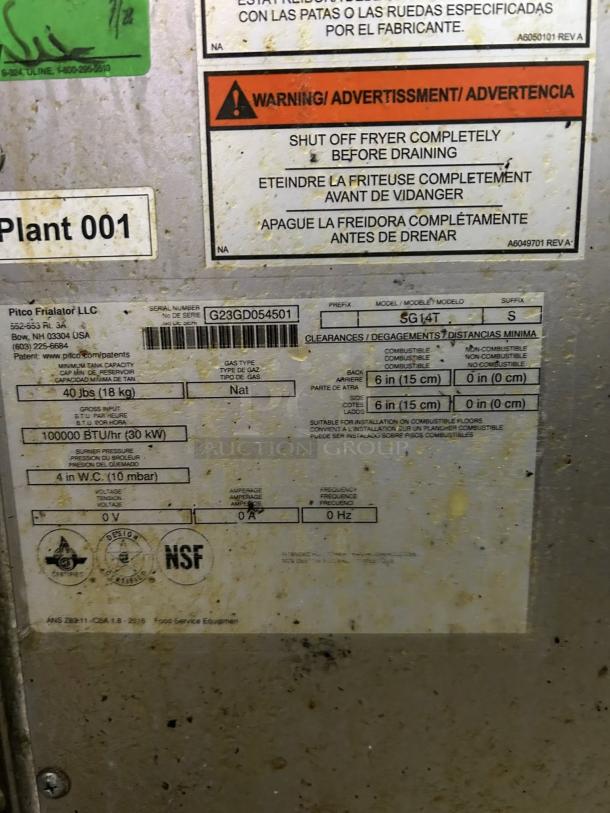 Pitco SG14T-S split pot gas fryer label, 100,000 BTU, shows maintenance instructions and certification marks, tested.