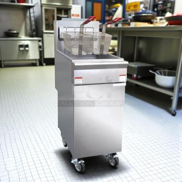 Brand New Black Diamond BDGF-ES35/NG gas fryer, 35 lb vat, floor model, natural gas, in original packaging, with fry baskets.