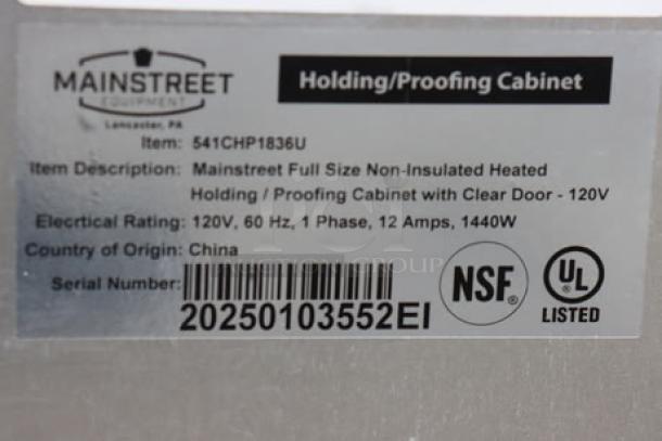 MainStreet Equipment CHP-1836U heated cabinet label, features 120V power, NSF, UL listed, S/N 202501035546, China origin.