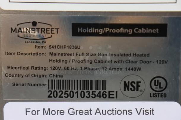 MainStreet Equipment CHP-1836U label; serial 20250103546, 120V, 60Hz, 1440W, non-insulated heated holding/proofing cabinet. Door missing.