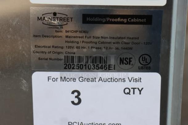 MainStreet Equipment CHP-1836U heated holding cabinet, brand new, scratch-n-dent, clear door missing, 120V, serial number 20250103546.