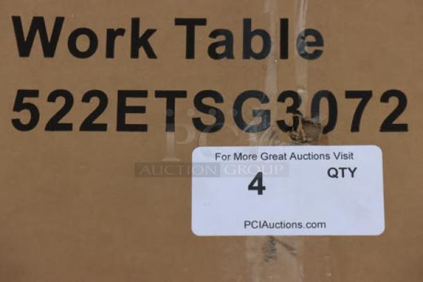 Box label for Steelton 30" x 72" stainless steel work table, model 522ETSG3072, indicates new scratch-and-dent condition.