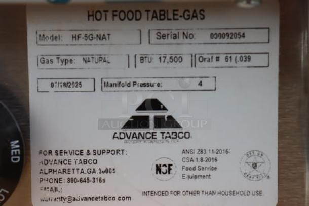 Advance Tabco HF-5E-240-DR hot food table label, shows model, serial number 000092054, gas type, and service contact info.