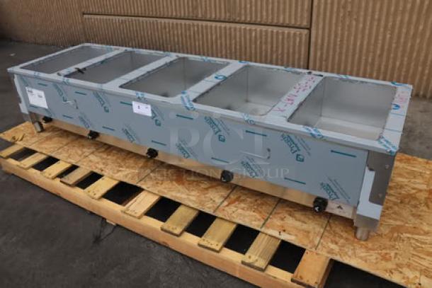 Advance Tabco HF-5E-240-DR five pan electric hot food table, brand new, scratch-n-dent, enclosed base, sliding doors, 77 3/4" x 22 5/8" x 34 1/8".