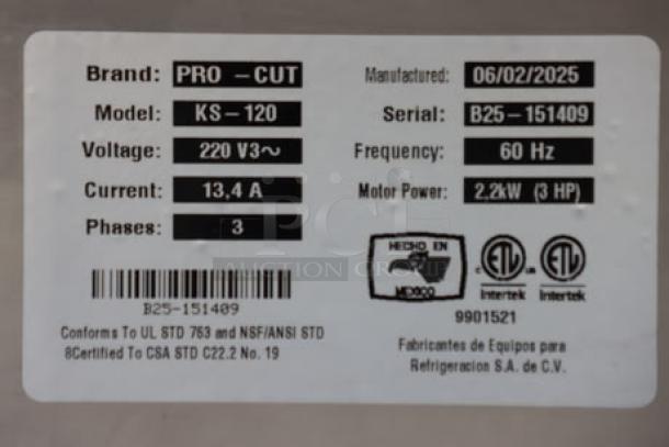 Label showing ProCut KS-120 vertical band meat saw specs: 220V, 3 hp, serial B25-151409, 120" blade, scratch-n-dent condition.