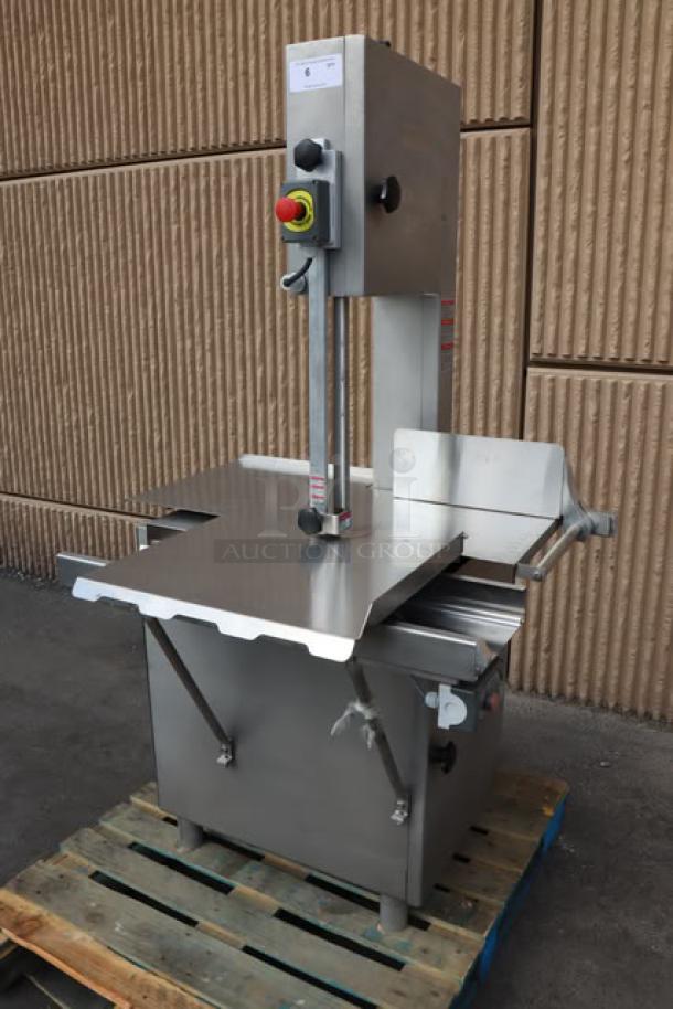 Brand new ProCut KS-120 vertical band meat saw, 120" blade, 220V, 3 hp, floor model. Visible scratch-n-dent condition.