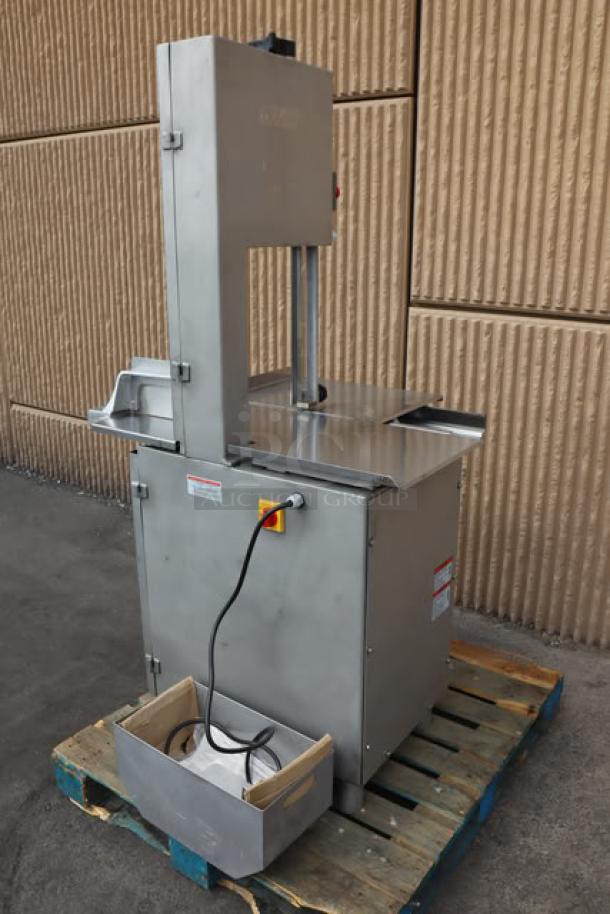 ProCut KS-120 120" Blade Vertical Band Meat Saw, new scratch-n-dent condition, 220V, 3 hp, on wooden pallet.