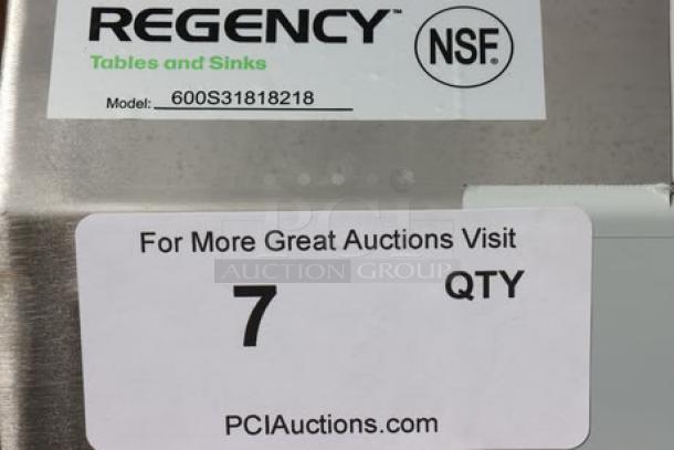 Regency 600S31818218 stainless steel sink label, showing model, NSF mark, and auction details. Minor scratching on unit.