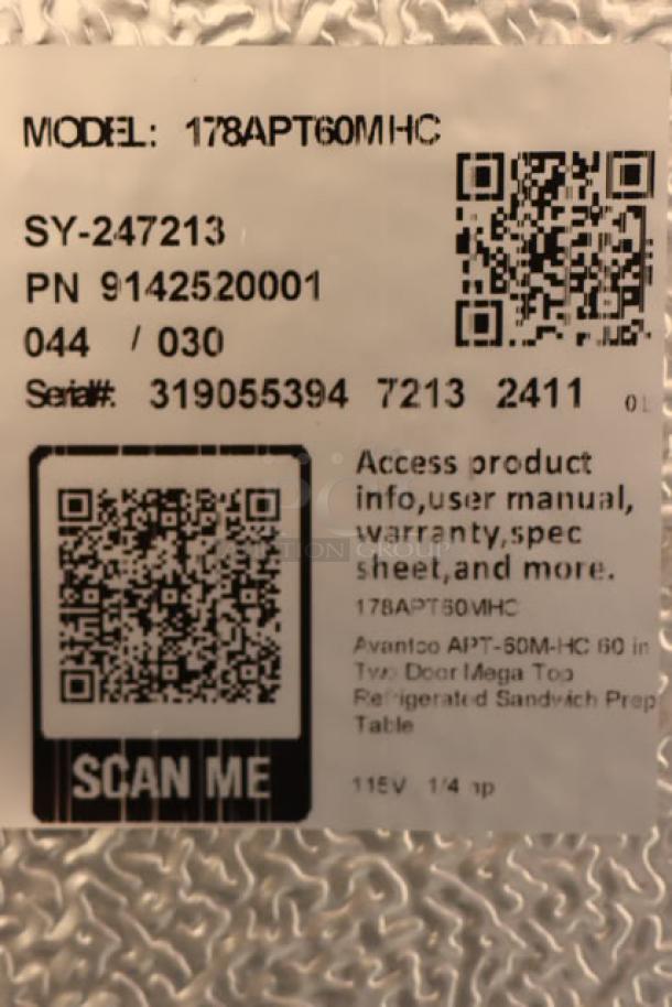 QR code label for Avantco APT-60M-HC 2 Door Mega Top Refrigerated Sandwich Prep Table. Serial 319055394 7213 2411.