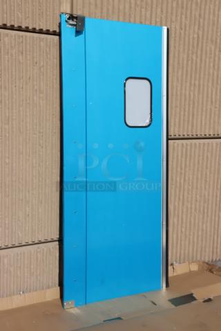 Regency 600TD3684 aluminum swinging traffic door, 36"x84", with 9"x14" window, blue, scratch-n-dent, out of packaging.