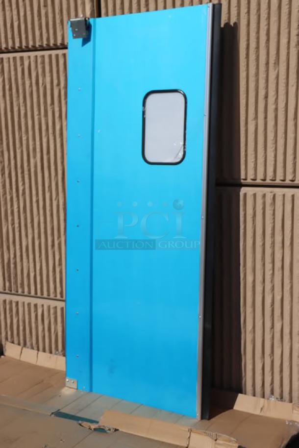 Brand new Regency 600TD3684 aluminum door, 36"x84" with 9"x14" window, blue, light scratches, out of original packaging.