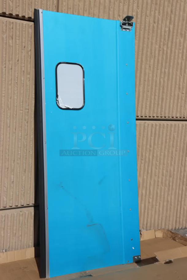 Regency 600TD3684 blue aluminum traffic door, 36"x84", 9"x14" window, new with minor scratches, out of original packaging.