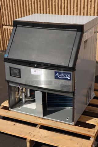 Brand new Avantco Ice UC-H-280-A undercounter ice machine, 299 lb. capacity, front cover missing, air-cooled, tag visible.