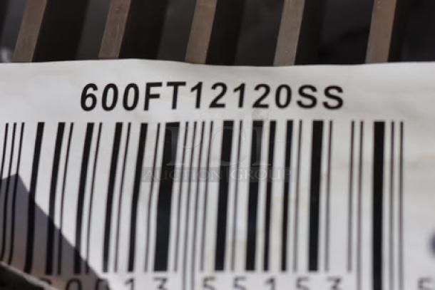 Barcode label showing Regency model 600FT12120SS for a 12"x120" stainless steel floor trough with grate.