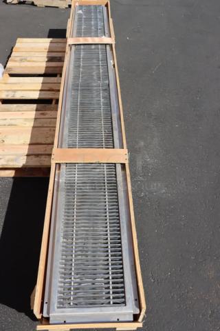 Brand new scratch-n-dent Regency 600FT12120SS 12"x120" 14-gauge stainless steel floor trough with grate, in crate.