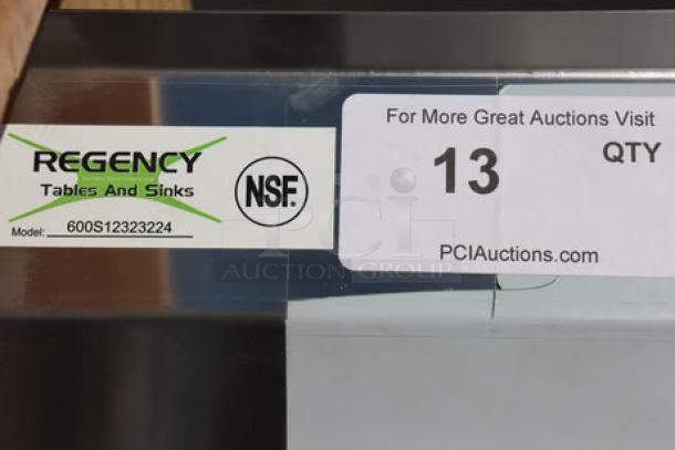 Regency 600S12323224 label on stainless steel sink, NSF certified, item 13 for auction at PCIAuctions.com.