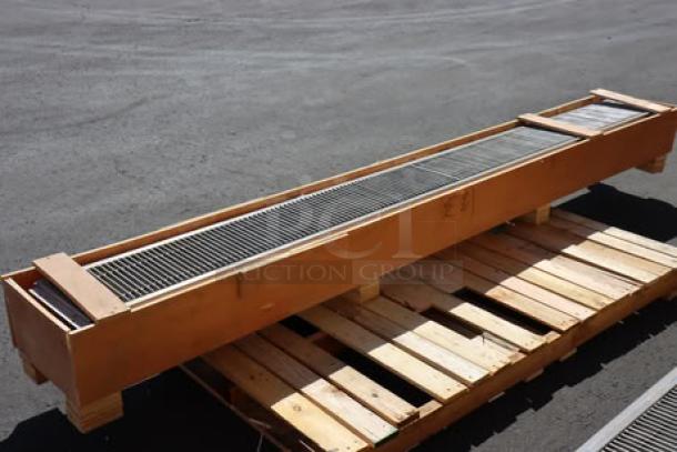 Brand new Regency 600FT12120SS 12"x120" stainless steel floor trough with grate, 14-gauge, packaged on wooden pallet.